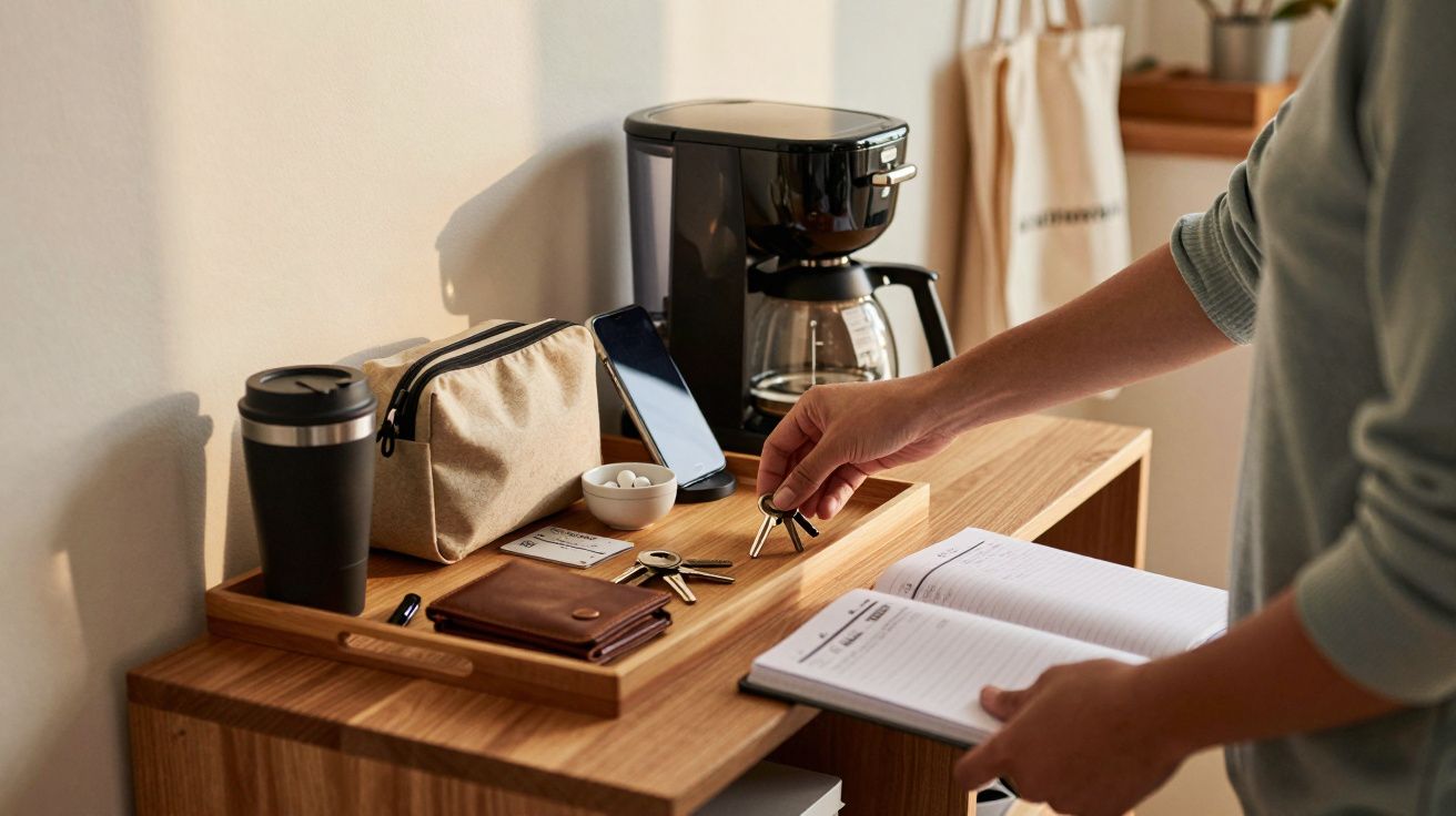 Person holding planner near coffee machine, keys, and organiser on wooden shelf.