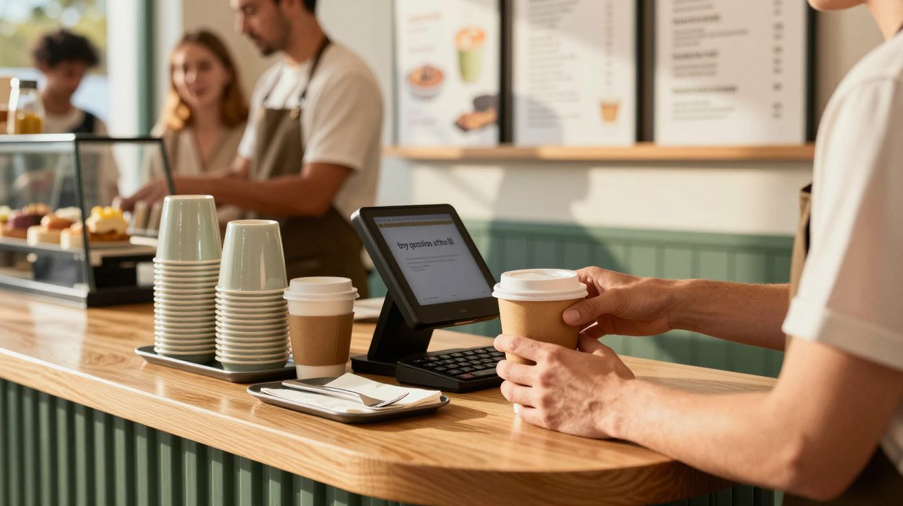 Person holds takeaway coffee at a cafe counter with pastries, barista in background.