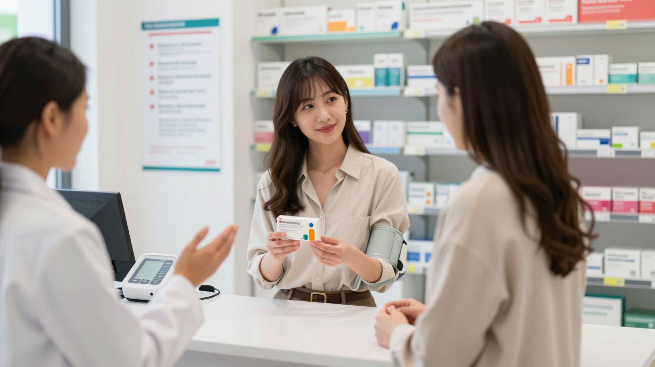 Three women at a pharmacy counter discussing a medicine box, with shelves of medication in the background.