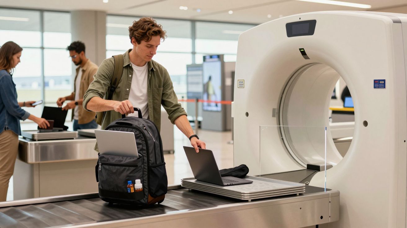 Man places laptop and backpack on airport security conveyor for scanning.