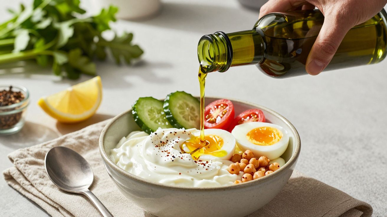 Bowl with yoghurt, boiled eggs, cherry tomatoes, cucumber, chickpeas; olive oil being poured over, garnished with pepper.