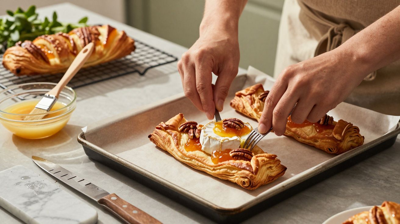 Person preparing a puff pastry tart topped with cheese, apricot jam, and pecans on a baking tray in a kitchen.