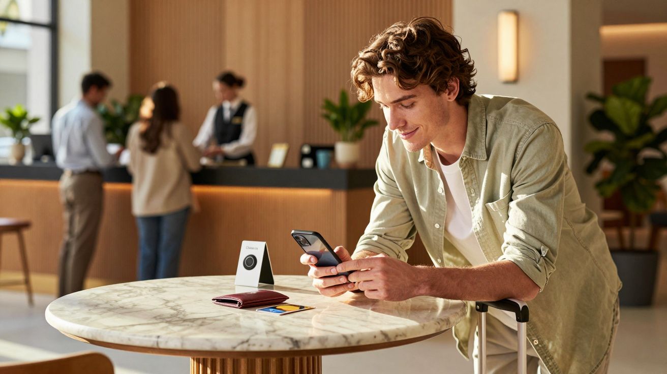 A person leaning on a table, looking at a smartphone in a hotel lobby, with people checking in at the reception desk.