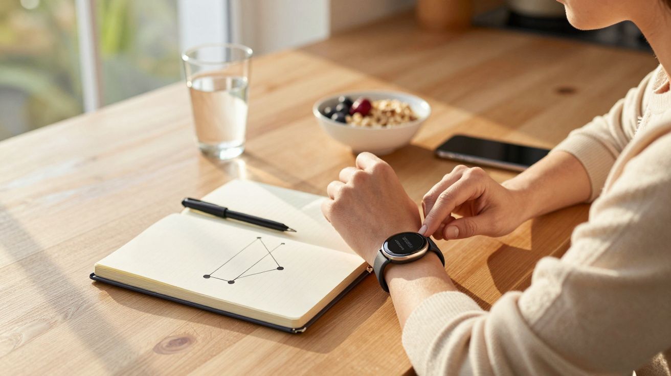 Person checks smartwatch at a wooden desk with a notebook, pen, smartphone, a bowl of fruit and cereals, and a glass of water