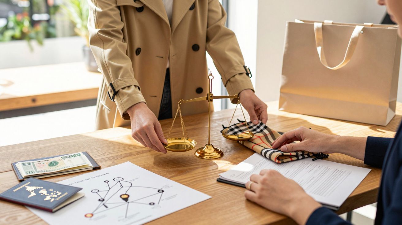 Two people at a desk with a balance scale, documents, and currency, suggesting a business or financial interaction.