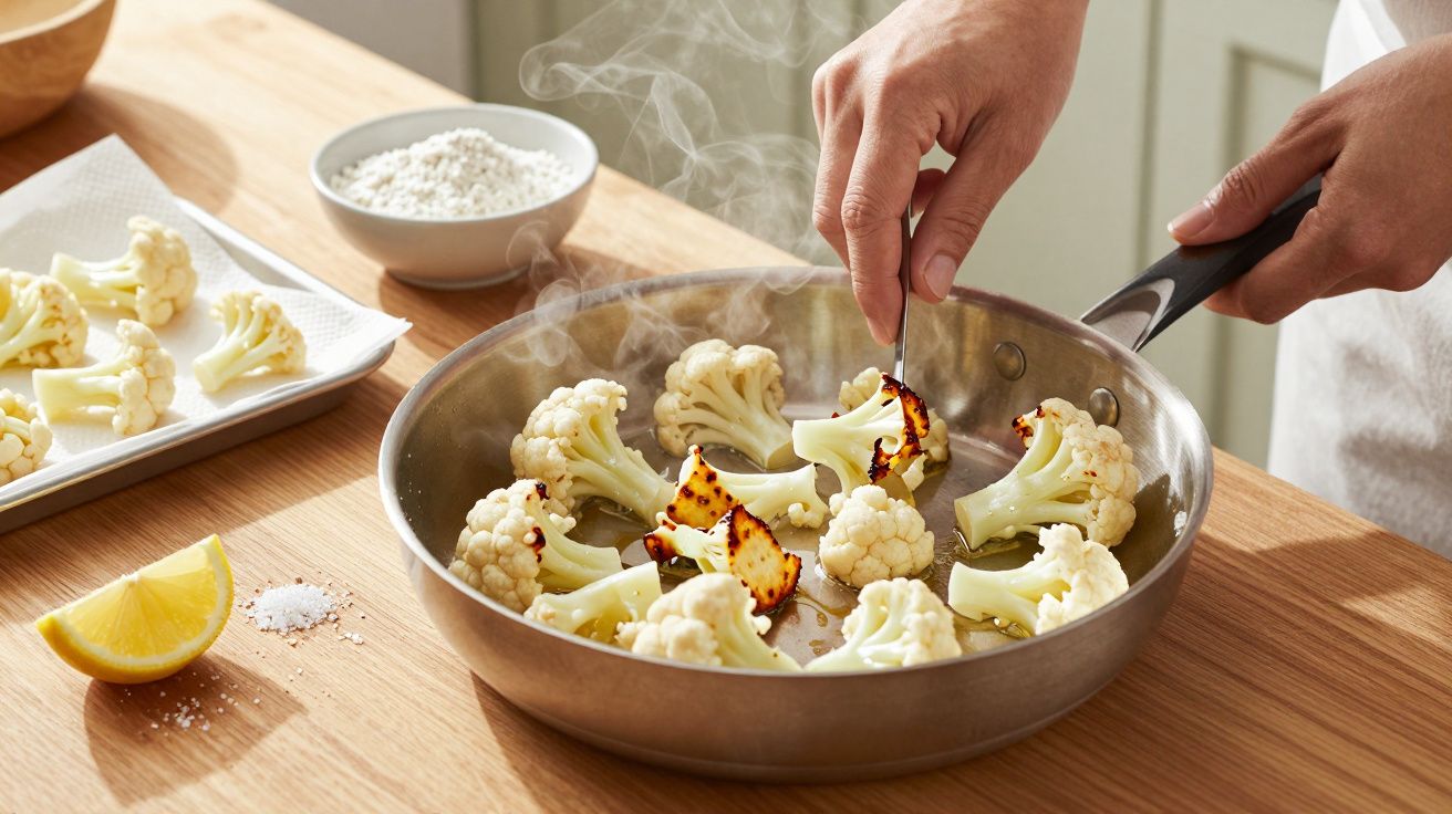 Roasting cauliflower in a pan on a wooden table with lemon, salt, and flour in the background.