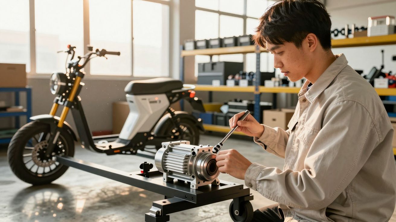 A man in a workshop uses a wrench on an engine near an electric scooter beside a sunlit window.