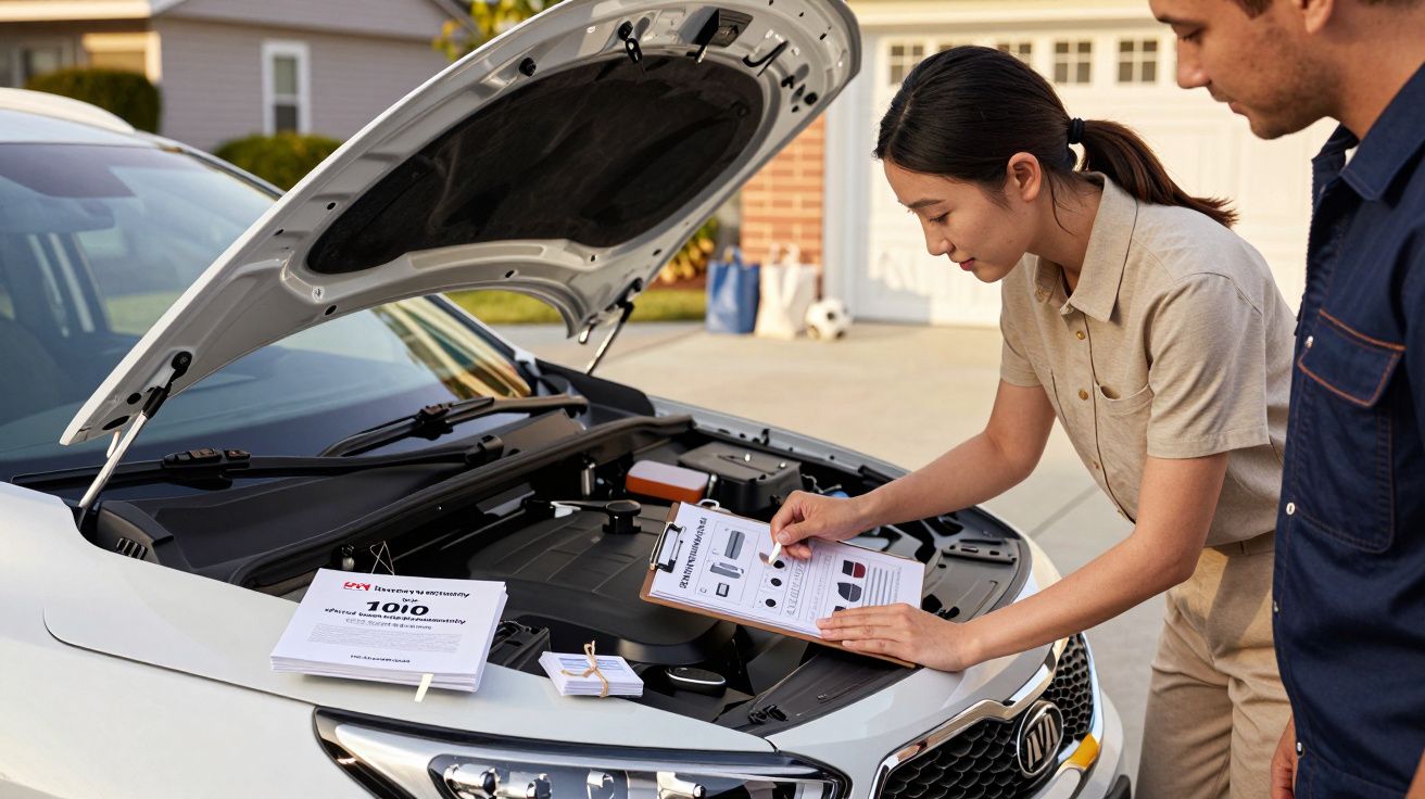 Woman reviews paperwork on car engine, bonnet open, with a man beside her.