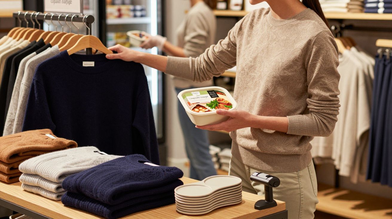 Person shopping in a clothing store holds a packaged meal, standing by folded jumpers on a wooden table.
