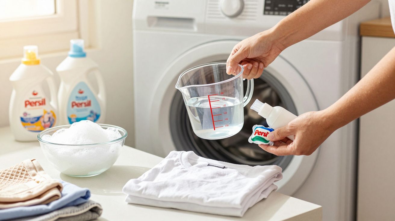 Person holding a Persil detergent pod and measuring cup by a washing machine with laundry items on a table.