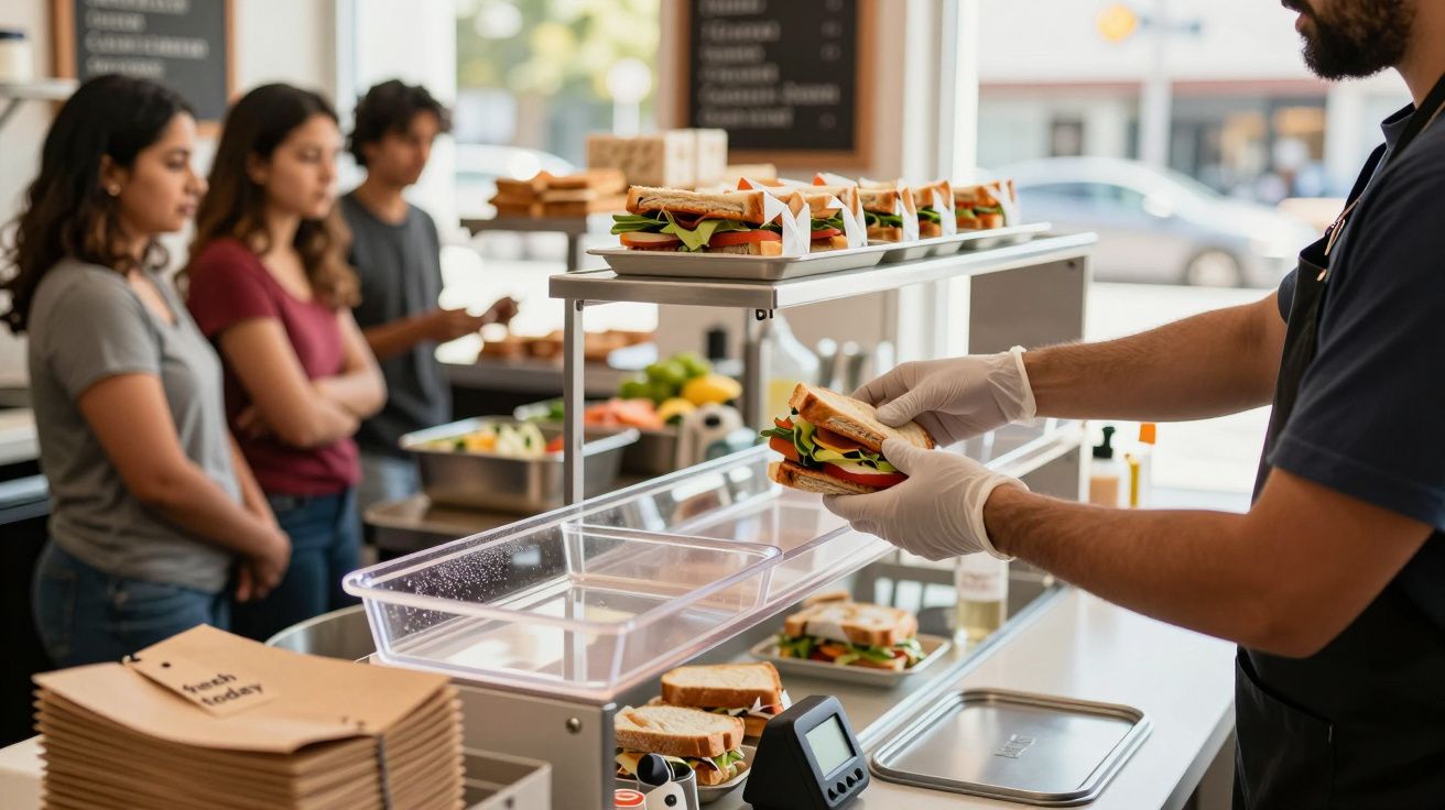 Person in gloves prepares sandwiches at deli counter, with customers waiting in line.