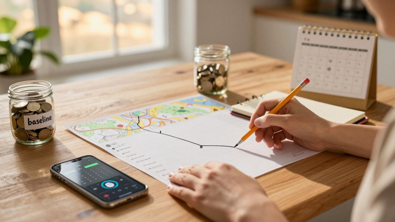 Person marking graph next to jar of coins, smartphone, calendar, and coloured map on a wooden table.