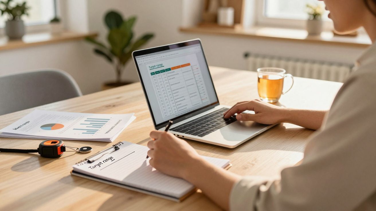 Person working on a laptop with graphs and a notebook, in a bright office with a cup of tea on the desk.