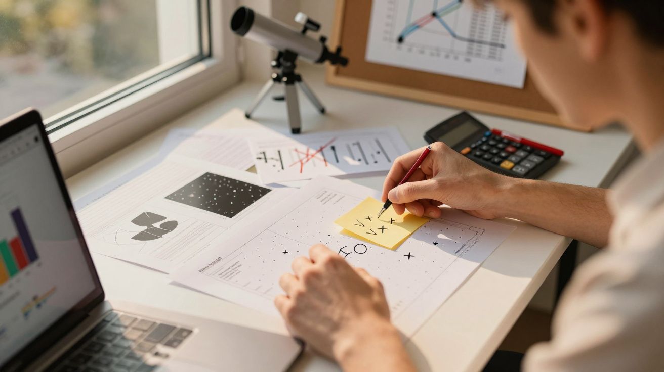 Person writes notes at desk with laptop, telescope, and graphs.