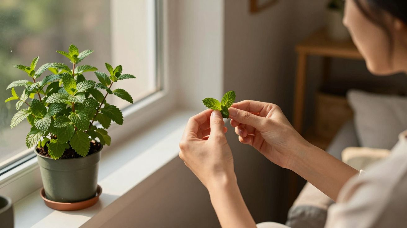 Person inspecting fresh green mint leaves by a windowsill plant.