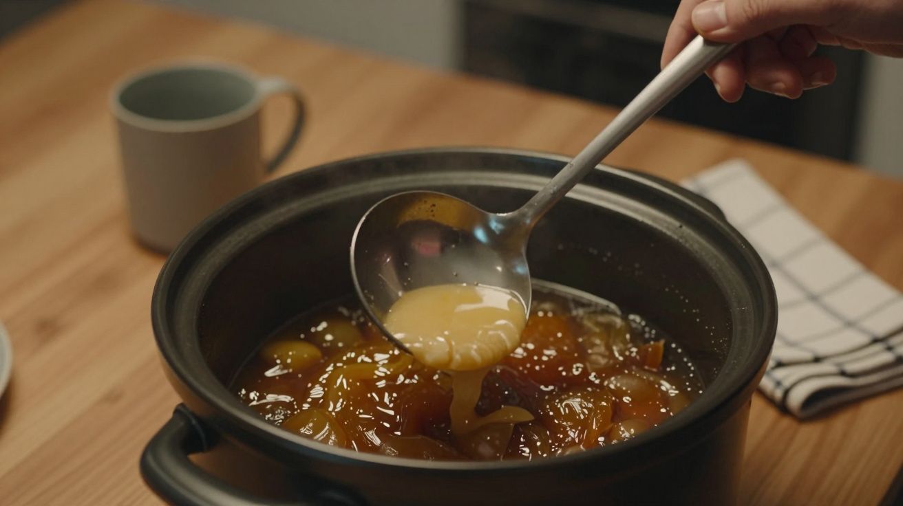 Cooking stew in a pot with a ladle, mug and cloth nearby on a wooden table.