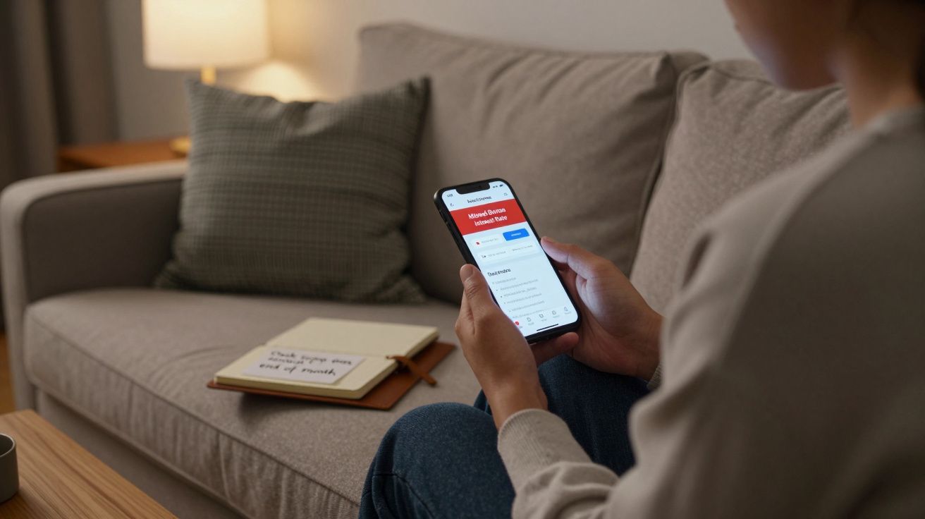 Person sitting on a sofa using a smartphone, with a notepad and pen on the coffee table beside them.