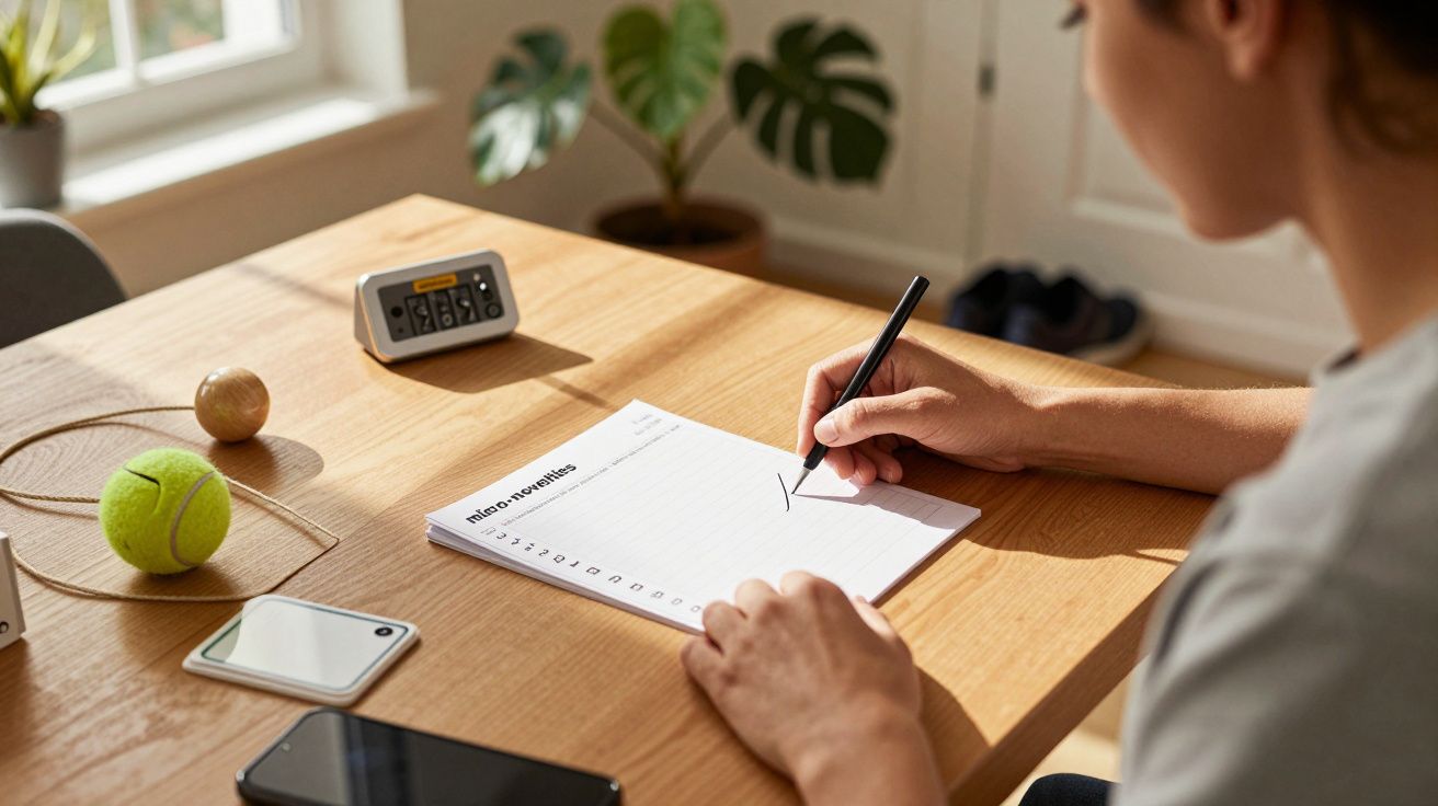 Person writing on notepad at wooden table with timer, phone, tennis ball, and plant nearby in well-lit room.