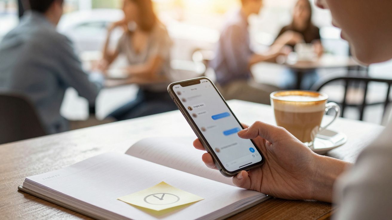 Person texting on a smartphone at a café table, with a book, sticky note, and cup of coffee nearby.