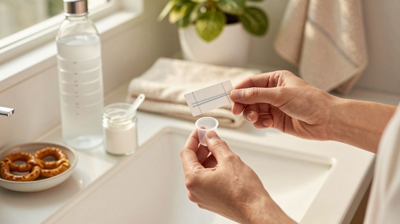 Hands holding a test strip above a small cup in a kitchen, with household items in the background.