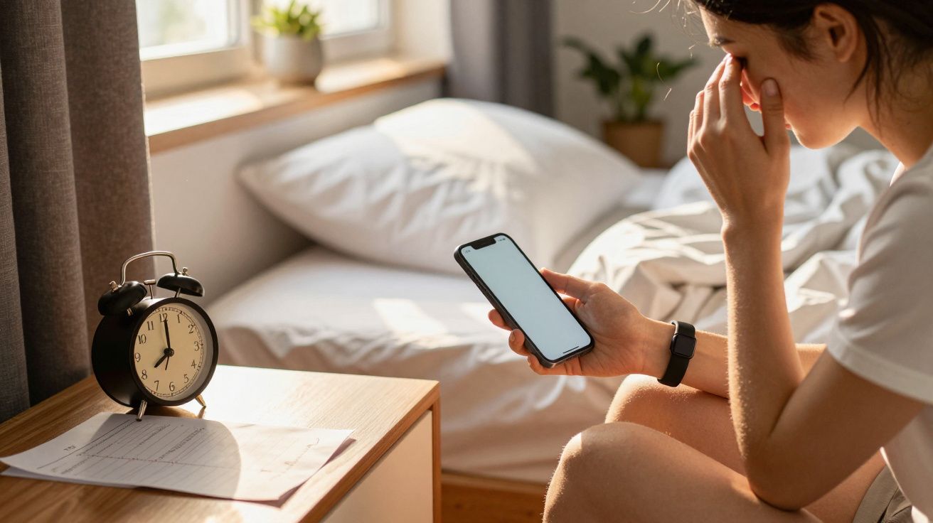 Person sitting on a bed, looking at a phone, with an alarm clock on a bedside table by a window.
