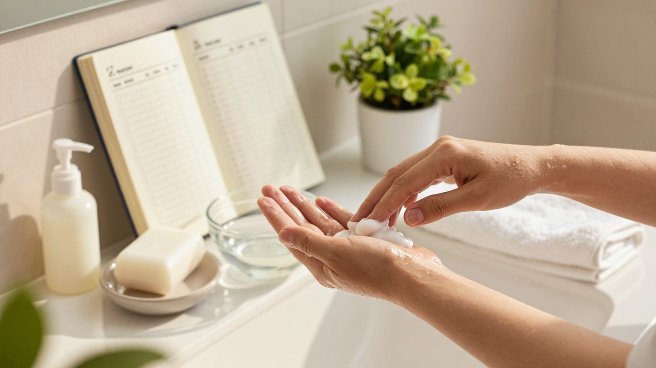 Person washing hands with soap beside open planner, plant, and towel in a well-lit bathroom.