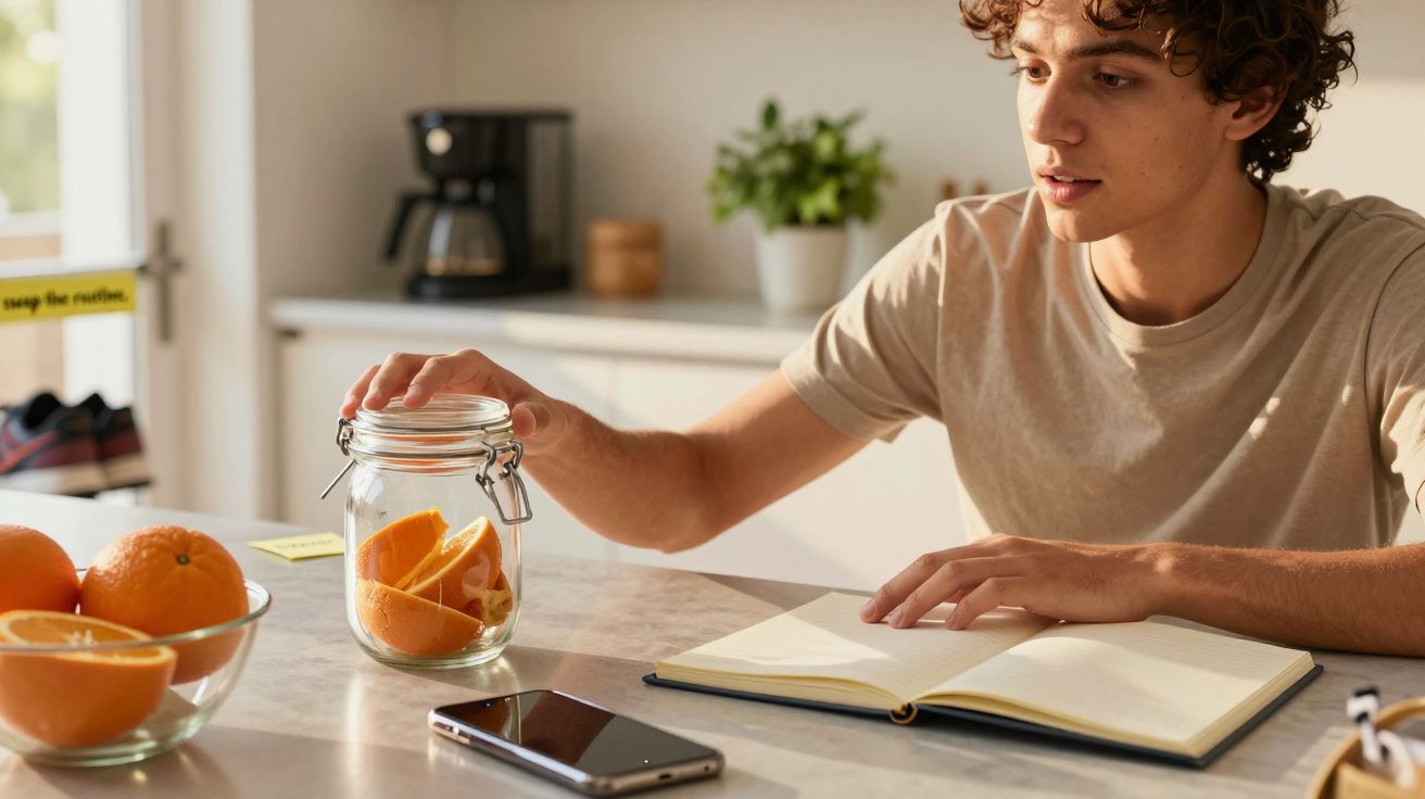 Young man at a table with a notebook, smartphone, and jar of orange slices in a bright kitchen.