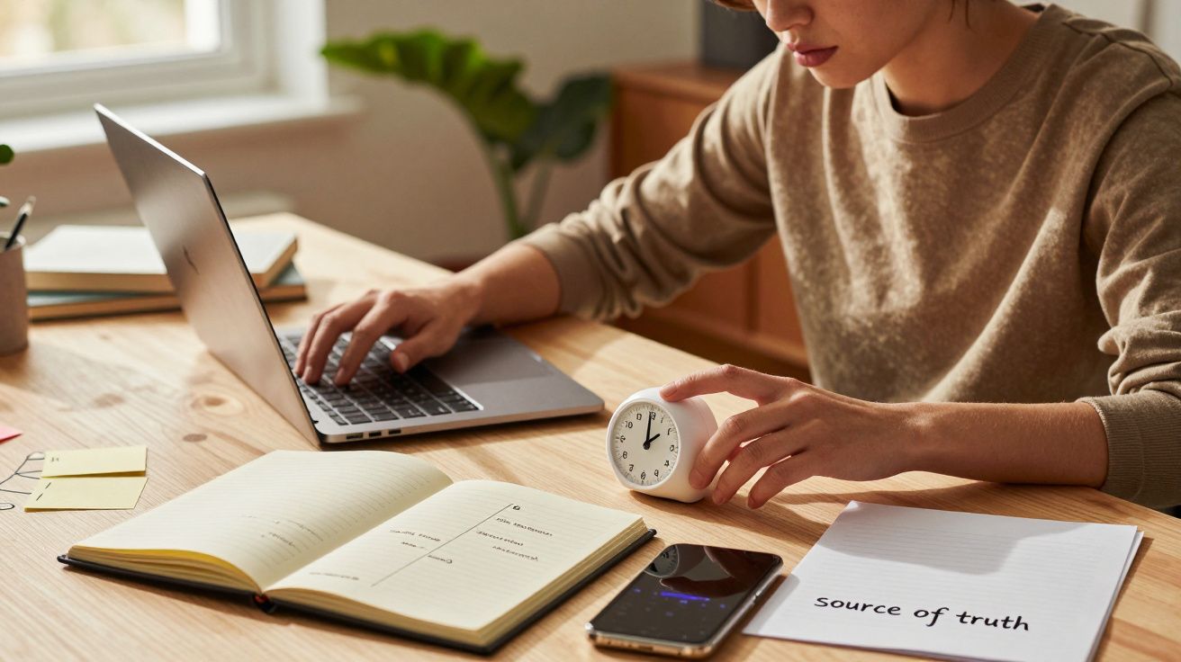 Person working at a desk with a laptop, holding a clock, surrounded by a notebook, smartphone, and papers.