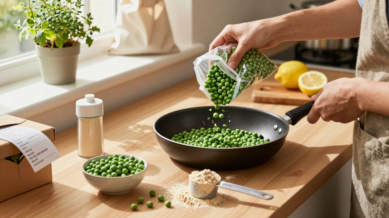 Person pouring peas into a frying pan on a wooden kitchen counter with various ingredients and plants nearby.