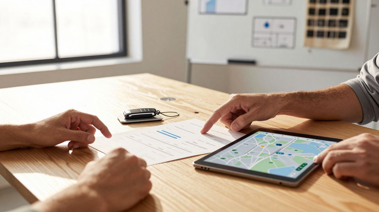 Two people discussing a document and map on a tablet at a wooden table in a bright room.