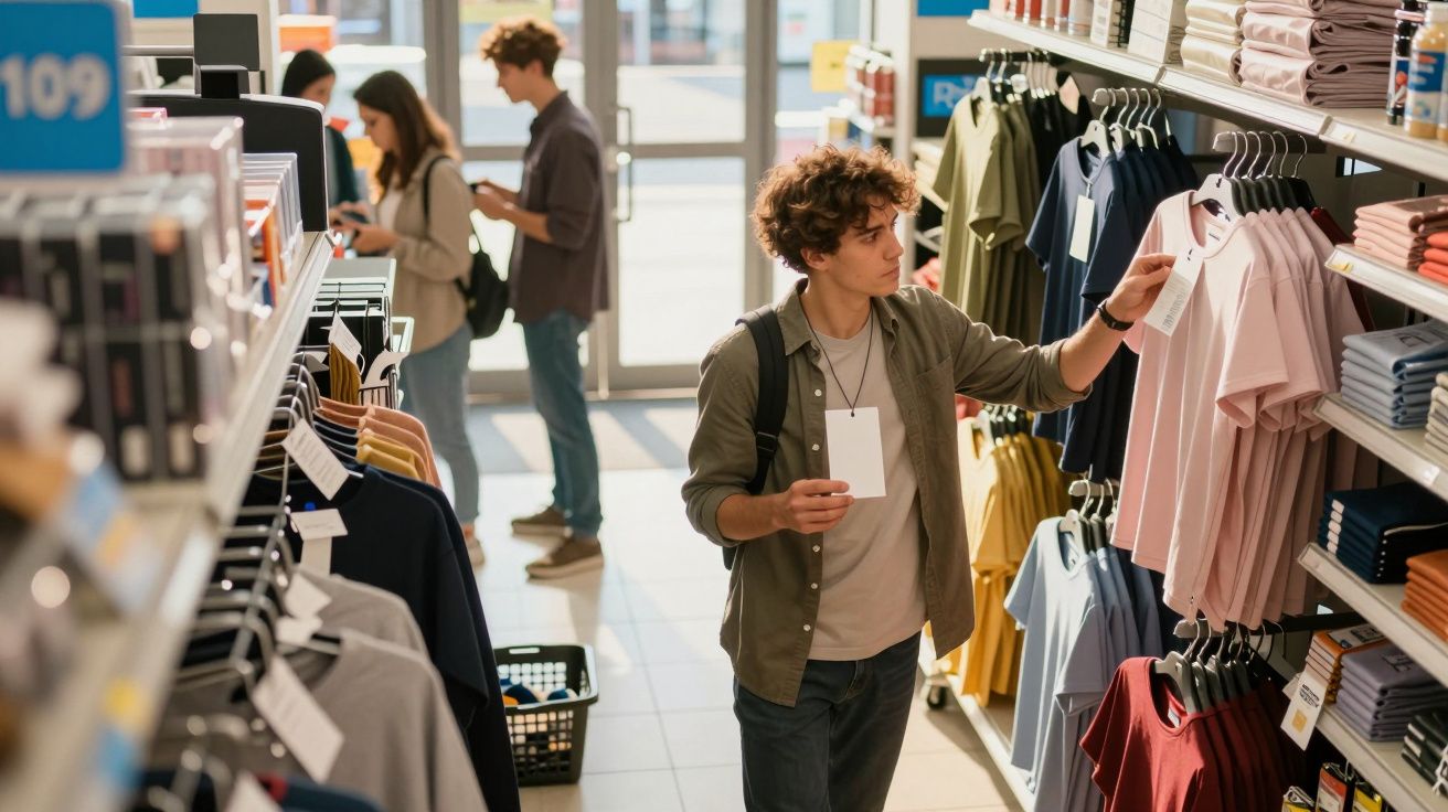 Young man shopping for t-shirts in a store, checking price tags. Other shoppers in background. Casual setting.