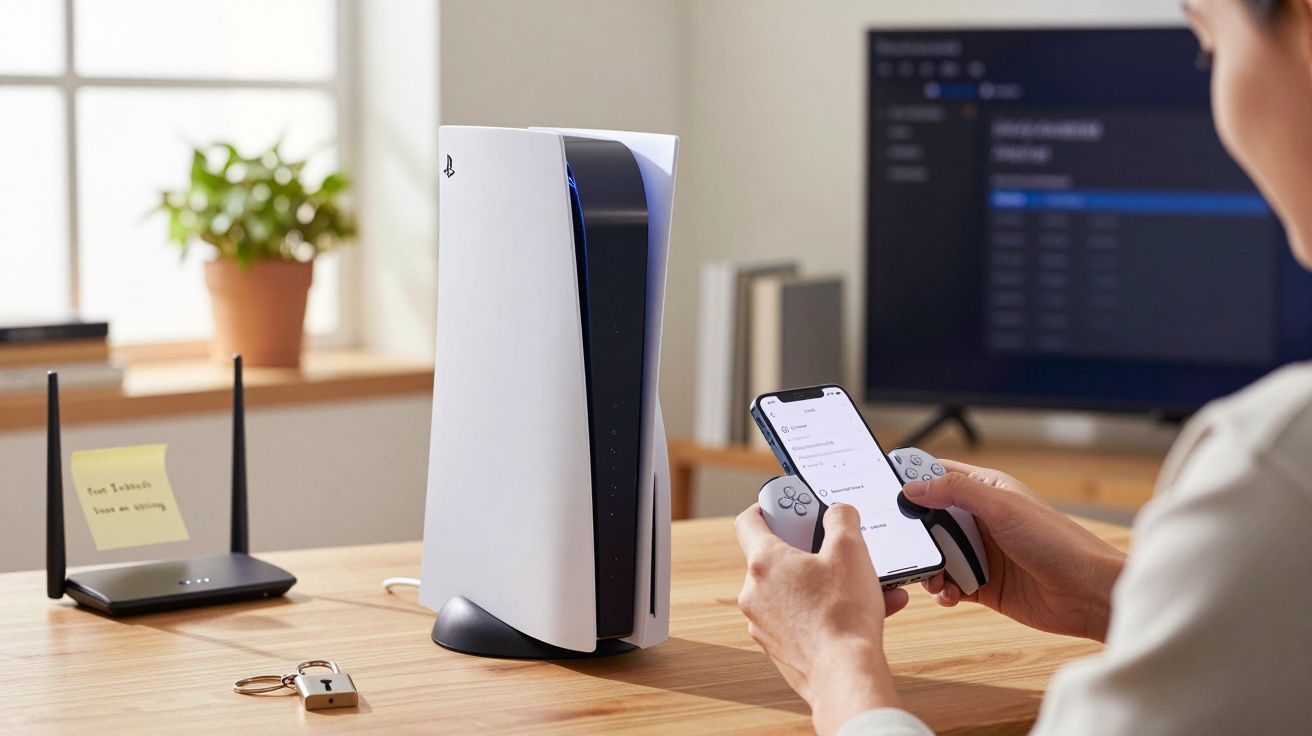Person setting up a gaming console with a smartphone and controller, beside a router and TV in a modern living room.
