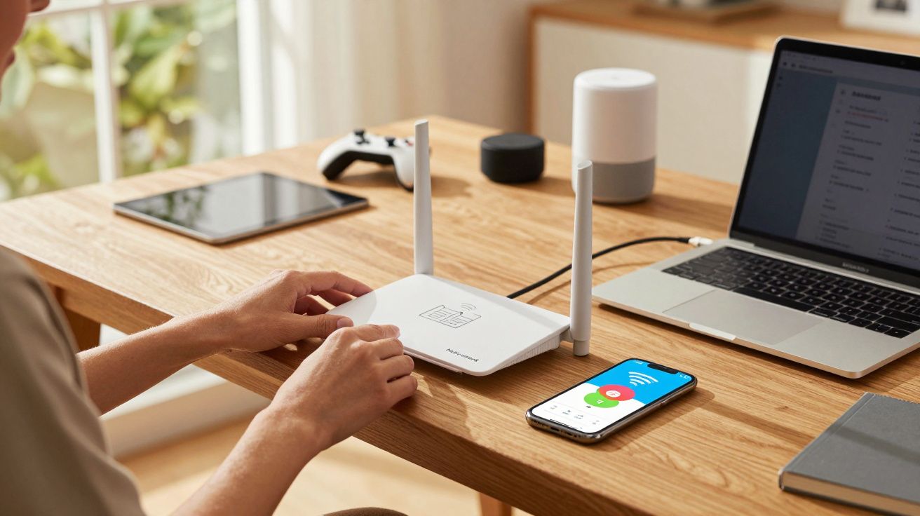 Person setting up a white router on a wooden desk with a laptop, smartphone, tablet, speaker, and game controller nearby.