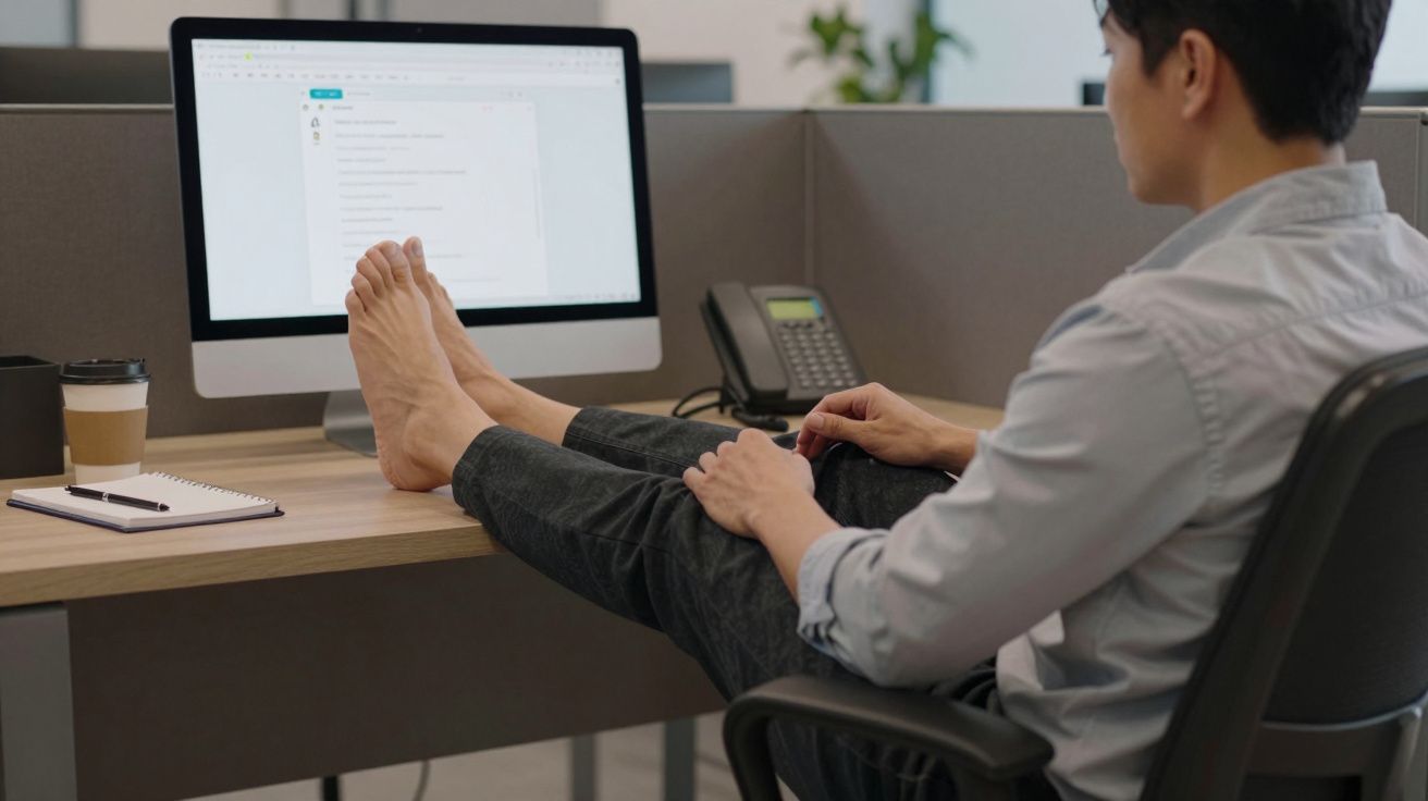 Man in office relaxes with feet on desk, looking at computer monitor.