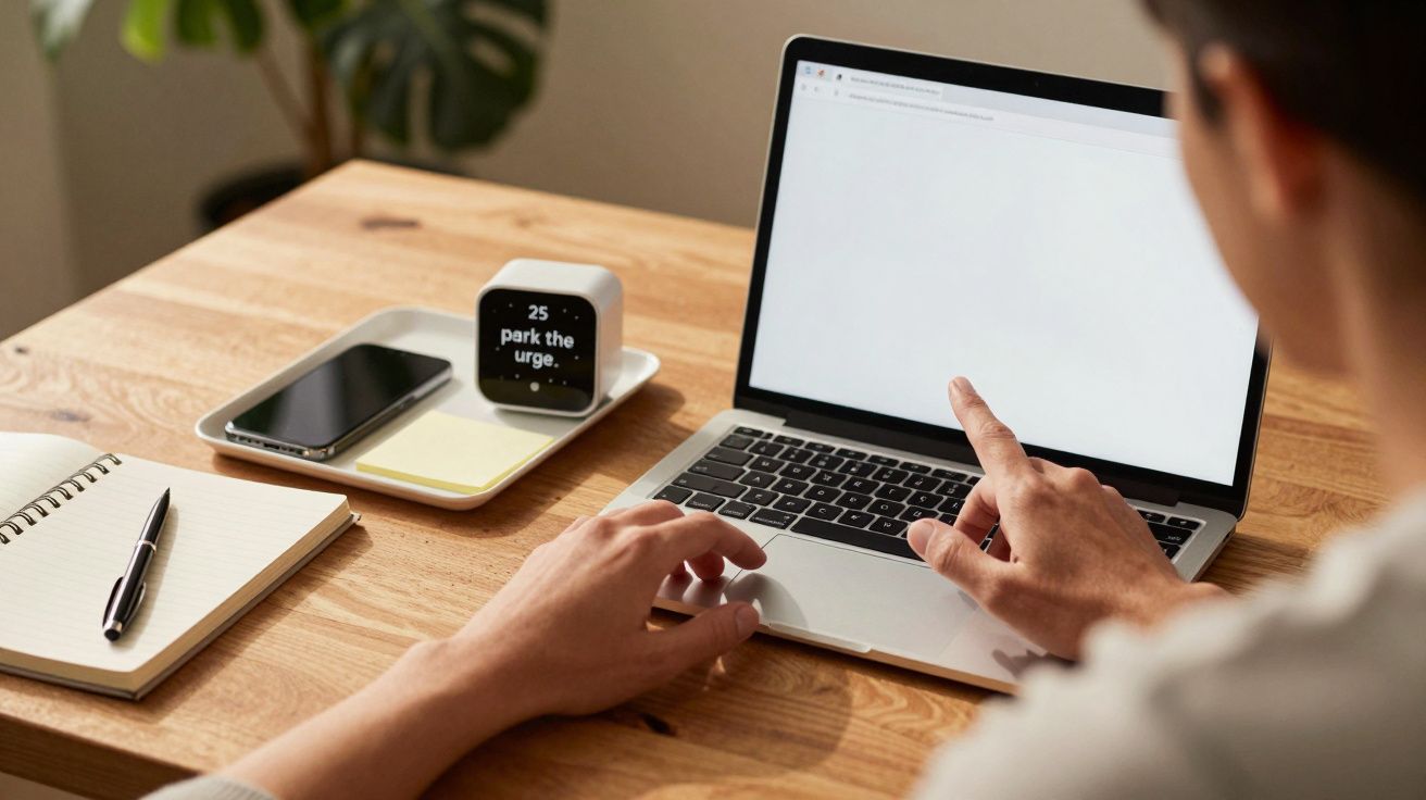 Person using a laptop at a wooden desk with a notebook, smartphone, and digital cube timer.