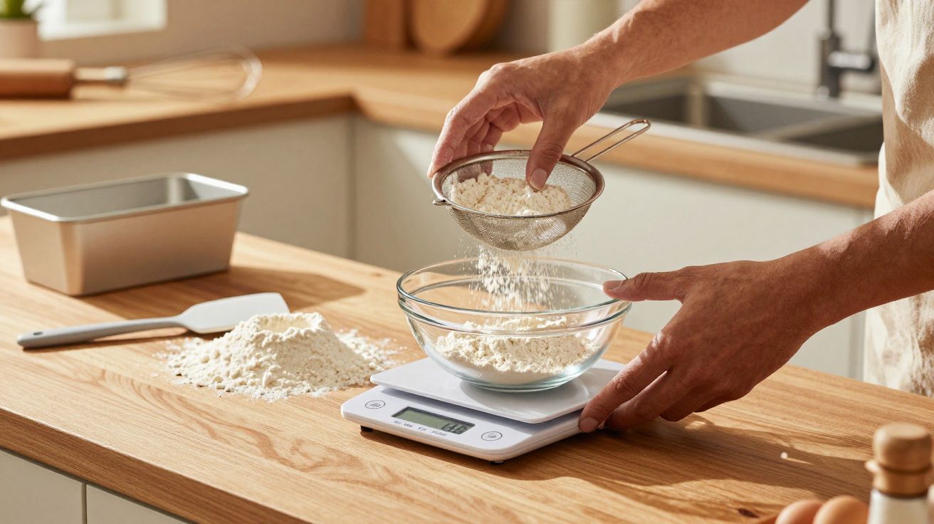 Person sifting flour into a bowl on a digital scale in a bright kitchen.
