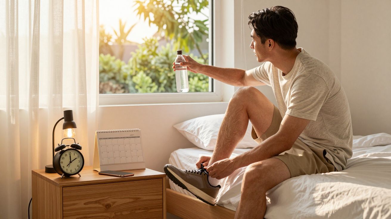 Man sitting on bed, tying shoes while holding water bottle, morning sun through window.