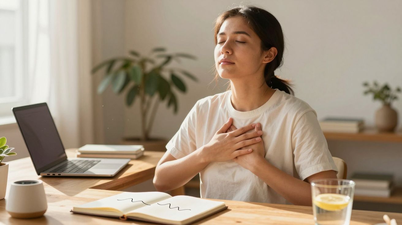 Woman sitting at desk with closed eyes, meditating, hands on chest, near a laptop and an open notebook.