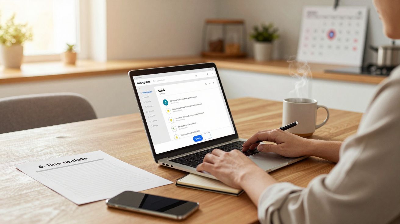 Person using a laptop with a report titled "6-line update," a smartphone, and a steaming mug on a wooden table.