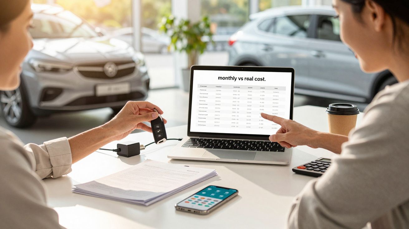 Two people at a car dealership, discussing costs on a laptop, with car keys and cars in the background.