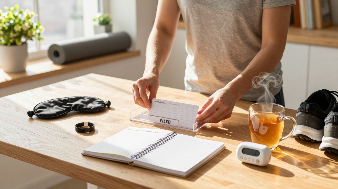 Person organizing index cards on a desk with a notebook, tea, eye mask, yoga mat, and trainers nearby.