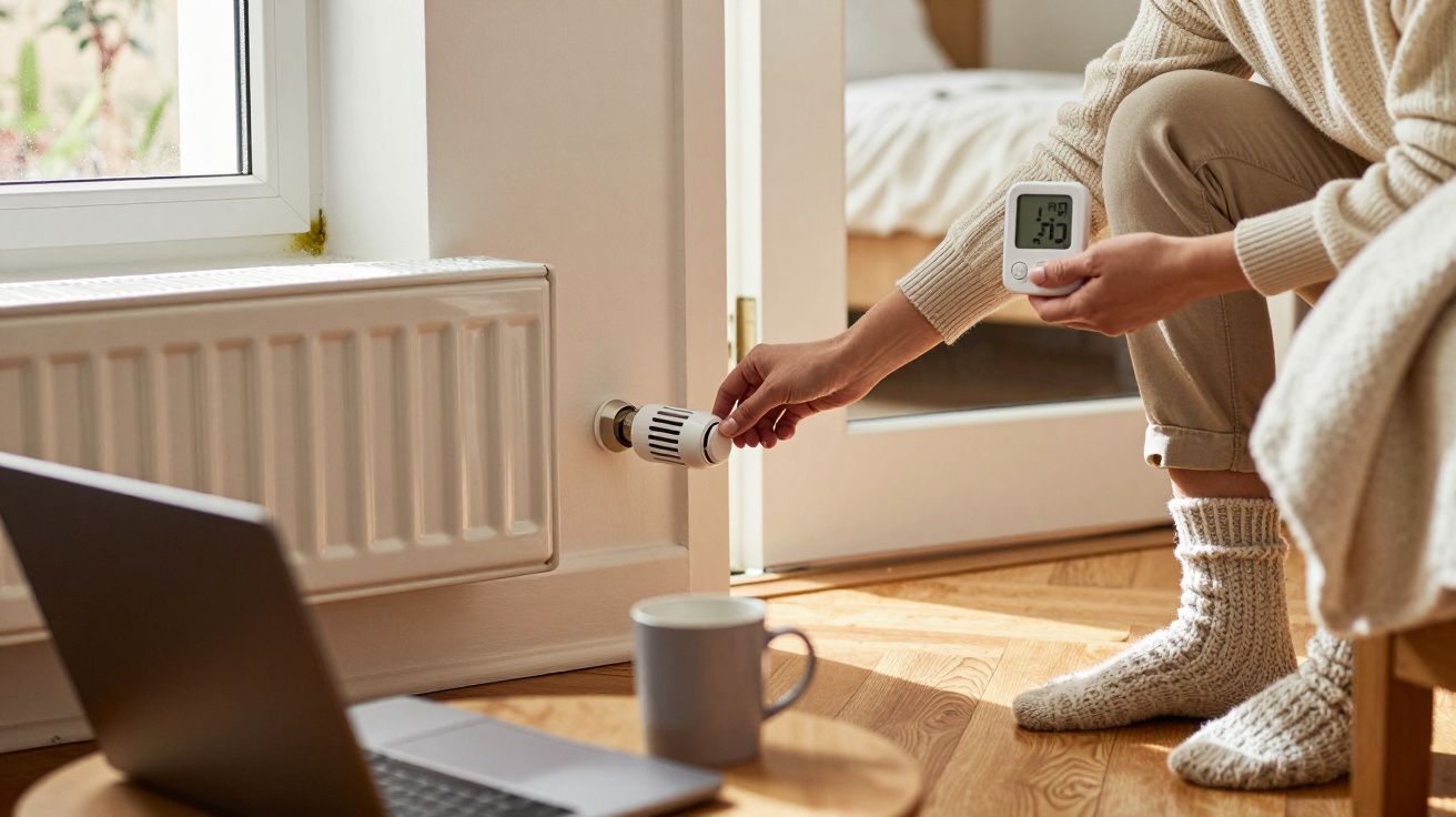 Person adjusting radiator thermostat while holding digital thermostat, with laptop and mug nearby.