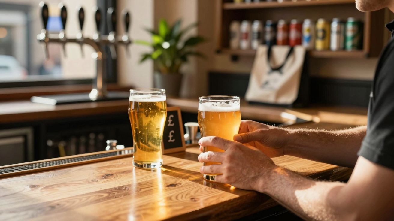 Person holds a pint of beer at a pub bar, with another pint and beer taps in the background.