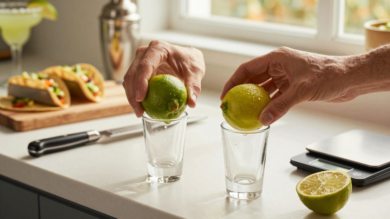 Hands squeezing limes into glasses on a kitchen counter with tacos and kitchen tools in the background.