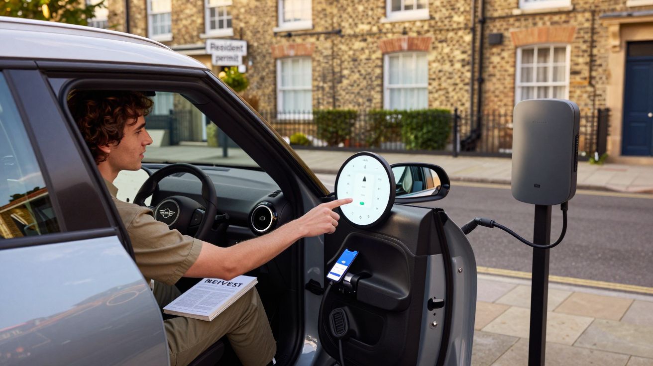 Person in an electric car interacts with dashboard, parked by a roadside charging station in a residential area.
