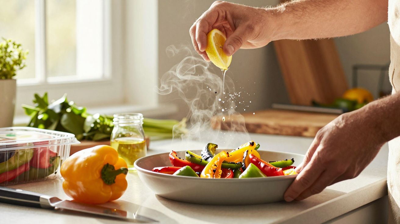 A person squeezes lemon over a steaming dish of colourful grilled peppers in a kitchen with sunlight streaming in.