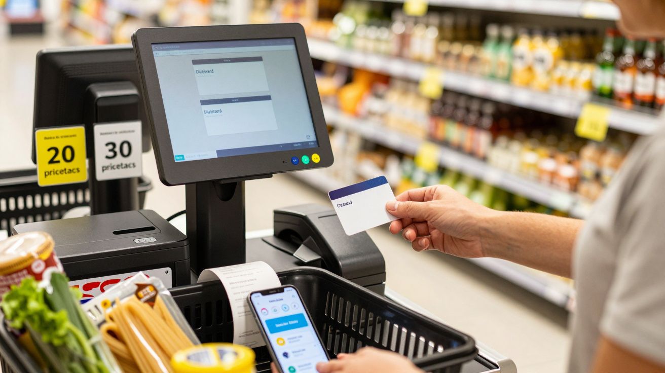 Person using a contactless payment card and smartphone at a self-checkout till in a supermarket.