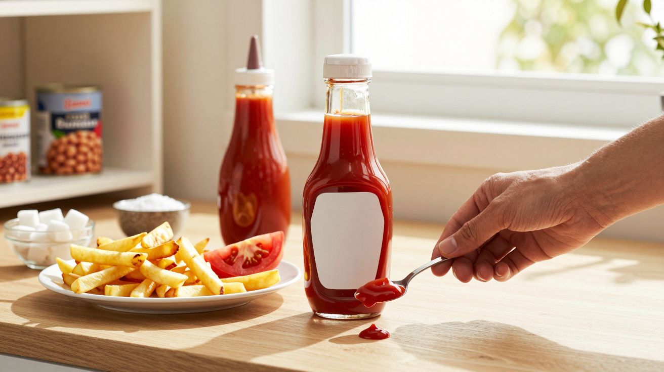 Hand using spoon to pour ketchup from bottle beside plate of chips on kitchen counter.
