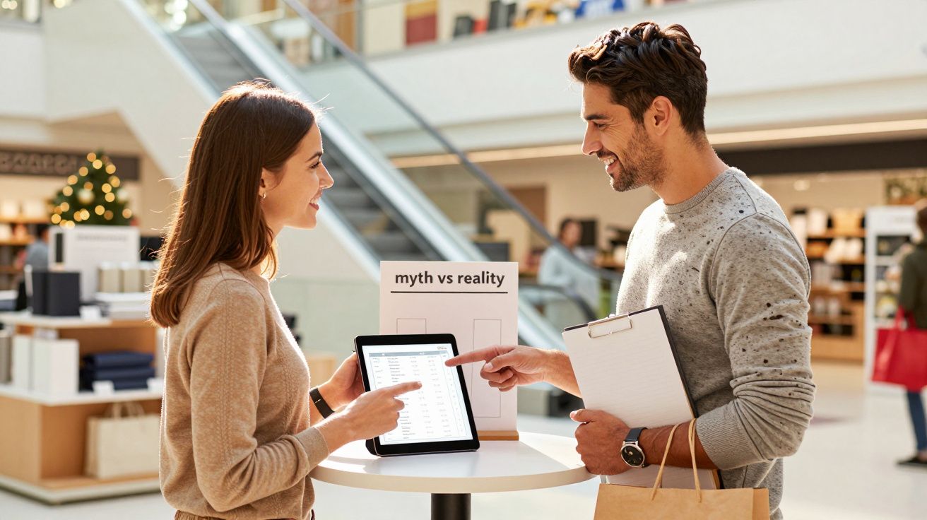 Two people smiling and pointing at a tablet on a table in a shopping centre, with a "myth vs reality" sign.