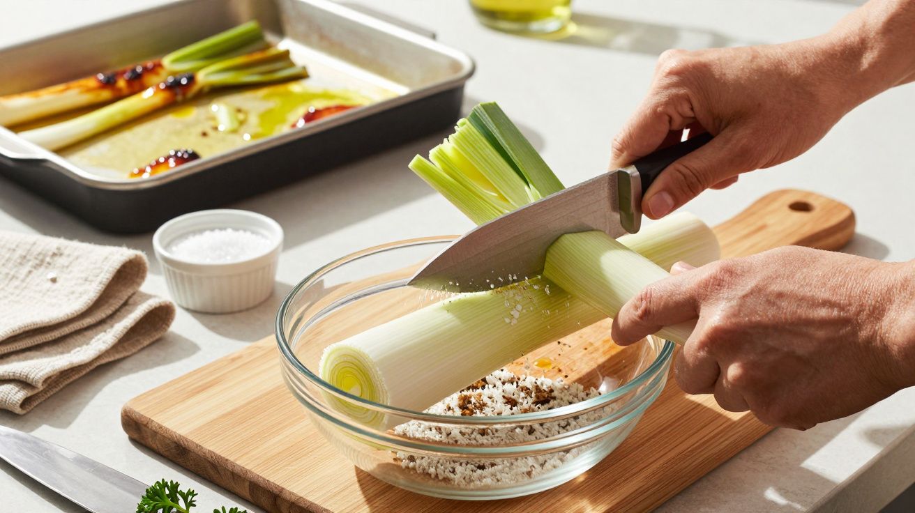 Hands chopping a leek on a wooden board, next to a bowl of breadcrumbs and a tray with seasoned leeks.